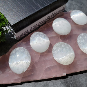 Flower of Life Selenite Palm Stones