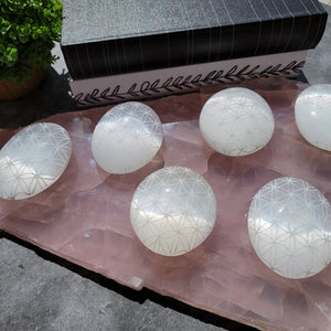 Flower of Life Selenite Palm Stones