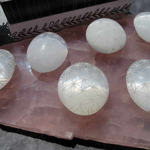 Flower of Life Selenite Palm Stones