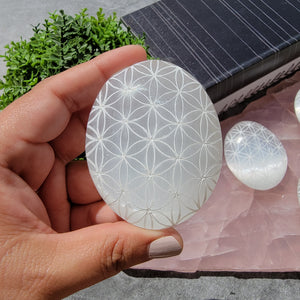 Flower of Life Selenite Palm Stones