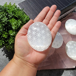 Flower of Life Selenite Palm Stones