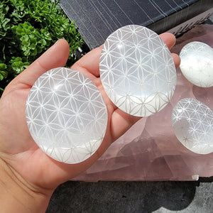 Flower of Life Selenite Palm Stones