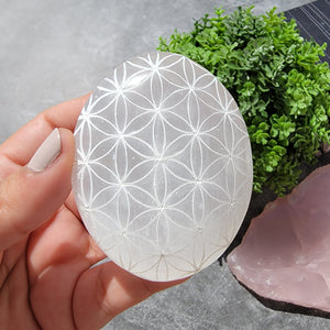 Flower of Life Selenite Palm Stones