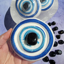 Load image into Gallery viewer, Evil Eye Bath Bomb with Obsidian Tumbled Crystal