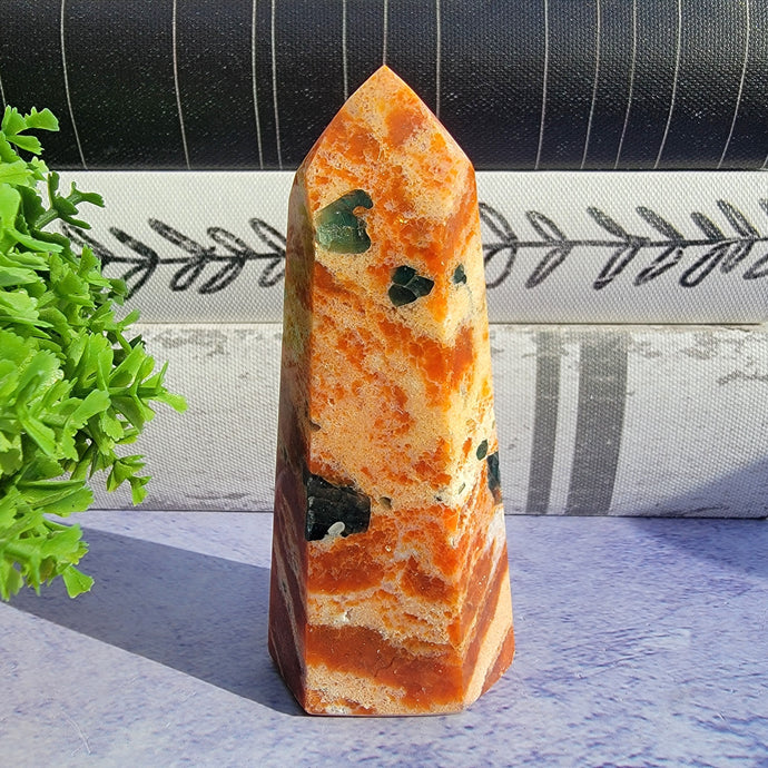 Blue Apatite & Orange Calcite Tower 